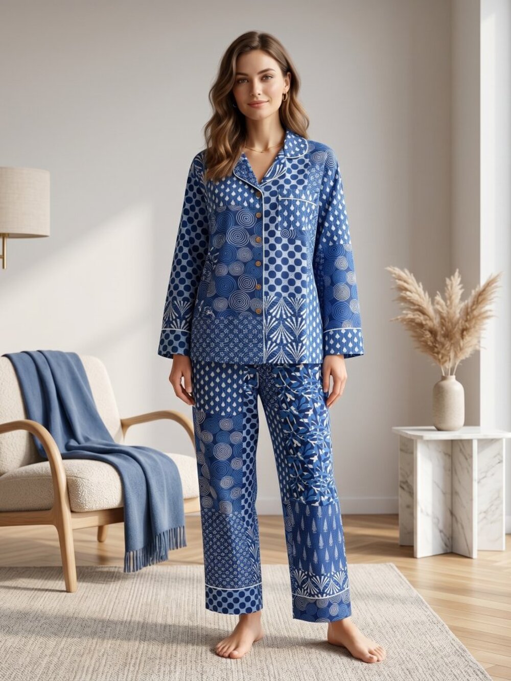 Hand Block Print Cotton Pajama Set: Floral Jaipuri Loungewear